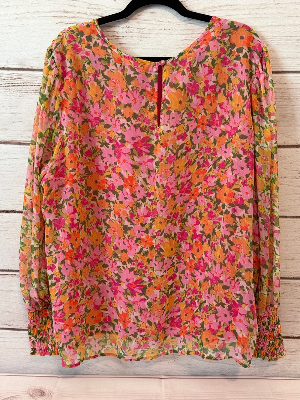 Terra & Sky Pink and Orange Floral Smocked Yoke Blouse - Picture 2 of 8